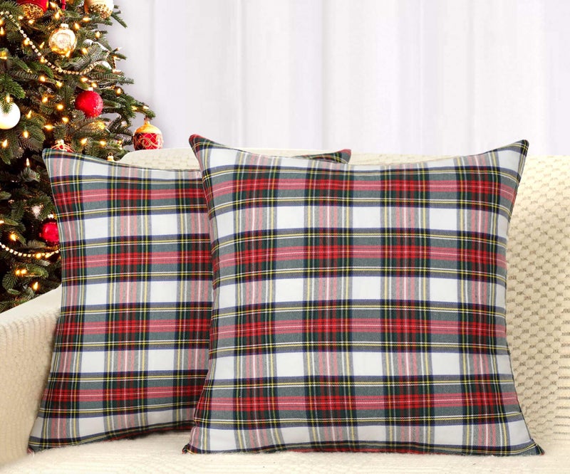 4TH Emotion Set of 2 Christmas Scottish Tartan Plaid Throw Pillow Covers Cushion Case Polyester for Farmhouse Home Decor Red and White  18 x 18 Inches - Image 1