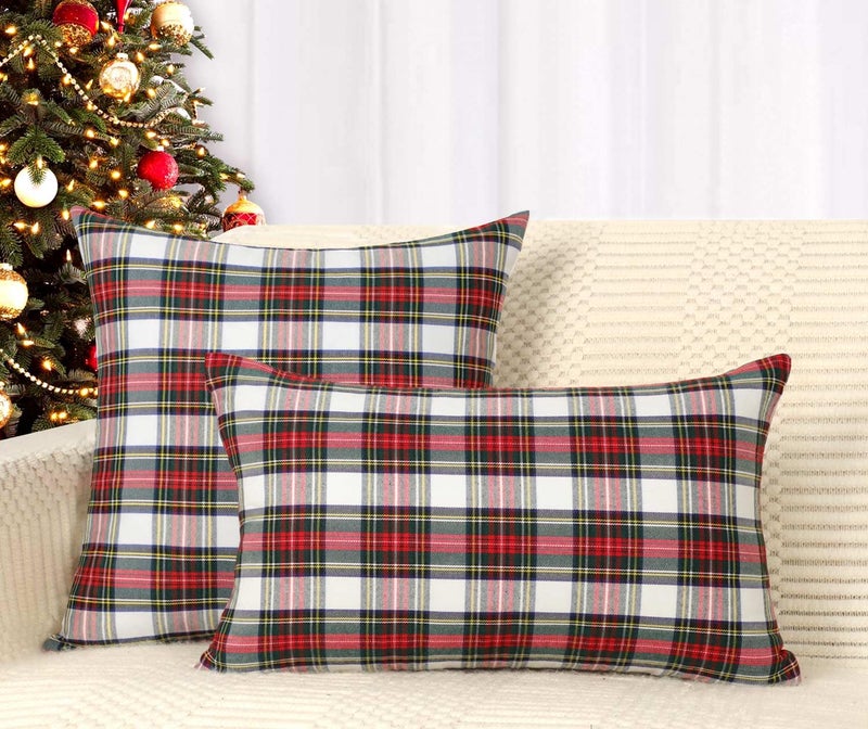 4TH Emotion Set of 2 Christmas Scottish Tartan Plaid Throw Pillow Covers Cushion Case Polyester for Farmhouse Home Decor Red and White  18 x 18 Inches - Image 5