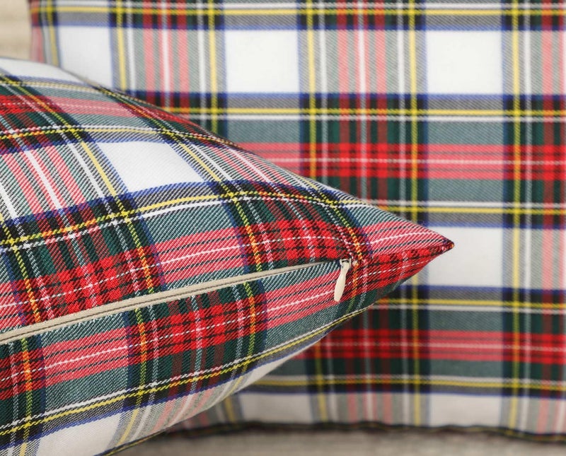4TH Emotion Set of 2 Christmas Scottish Tartan Plaid Throw Pillow Covers Cushion Case Polyester for Farmhouse Home Decor Red and White  18 x 18 Inches - Image 3