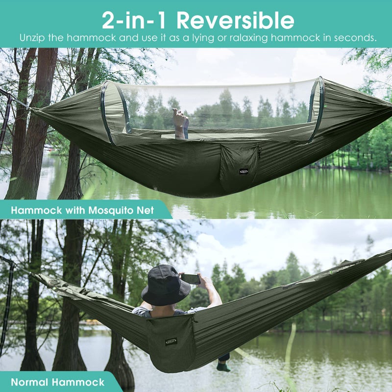 G4Free Large Camping Hammock with Mosquito Net 2 Person Pop-up Parachute Lightweight Hanging Hammocks Tree Straps Swing Bed for Outdoor Backpacking Backyard Hiking (New Army Green) - Image 2
