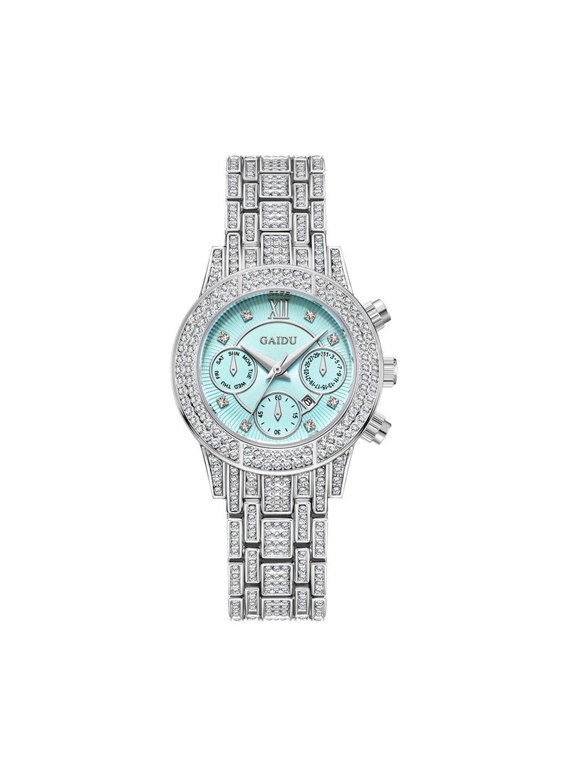 xozgdovg Women's watches are full of stars, quartz watches are fashionable, girls' watches are high-grade with diamonds /KD3008 silver shell and blue steel belt  - Image 1