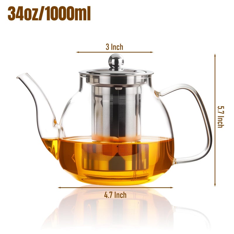 PARACITY Glass Teapot Stovetop 34 OZ, Borosilicate Clear Tea Kettle with Removable 18/8 Stainless Steel Infuser, Teapot Blooming and Loose Leaf Tea Maker Tea Brewer for Camping, Travel - Image 2