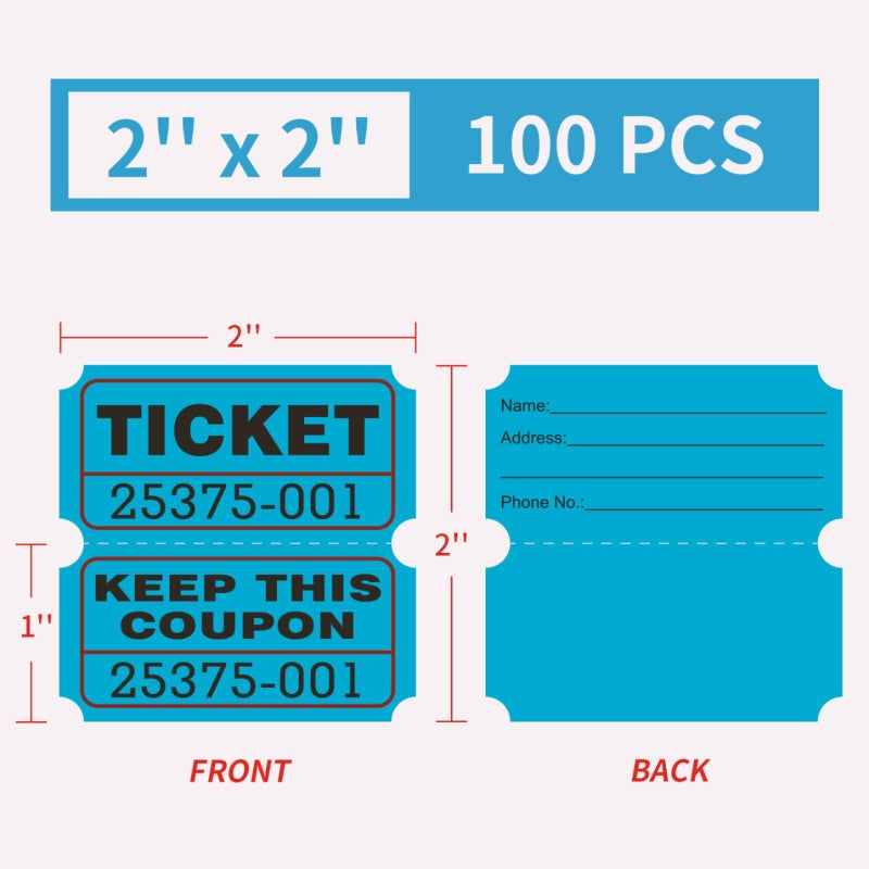 DGBDPACK 100 Raffle Tickets, (200 Pcs 100 Pairs) 50/50 Double Ticket, Bold Numbers for Easy Reading, Ticket for Events, Entry, Class Reward & Prizes -Blue - Image 2
