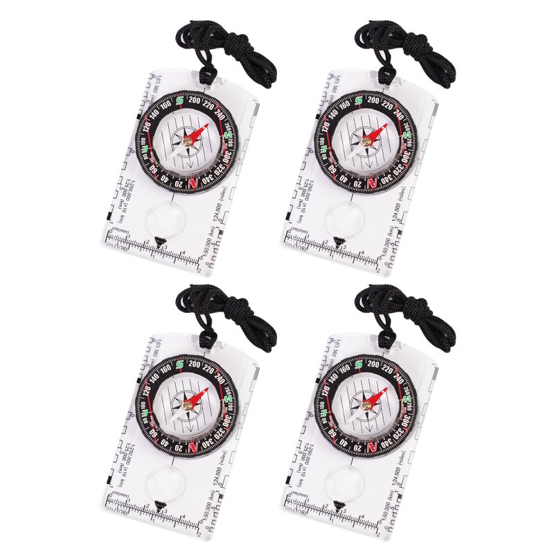 RLXMARTD 4 Pcs Outdoor Compass with Adjustable Declination,Magnifier,Ruler,Scale. Multifunctional Orienteering Waterproof Compass for Map Reading, Navigation, Hiking (4 Pack Transparent) - Image 1
