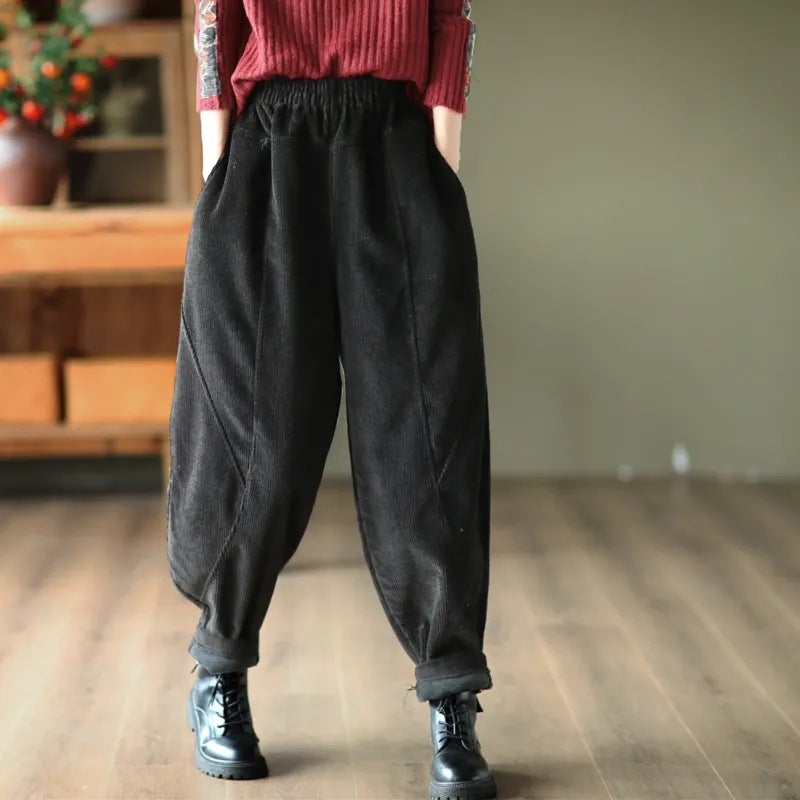Pants new popular 2024 womens purple fashion trend fleece-lined thick harem pants plus size chubby girl slimming casual Black [fleece-lined]] - Image 5