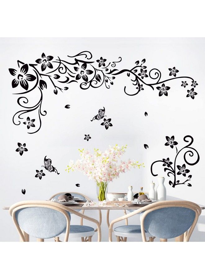 LiveGallery Removable Black Vinyl Flowers Wall Decals Diy Flower Vines And Butterfly Wall Stickers Decor Peel Stick Art Decoration For Teens Room Baby Girls Bedroom Living Room Home Wall Corner - Image 1