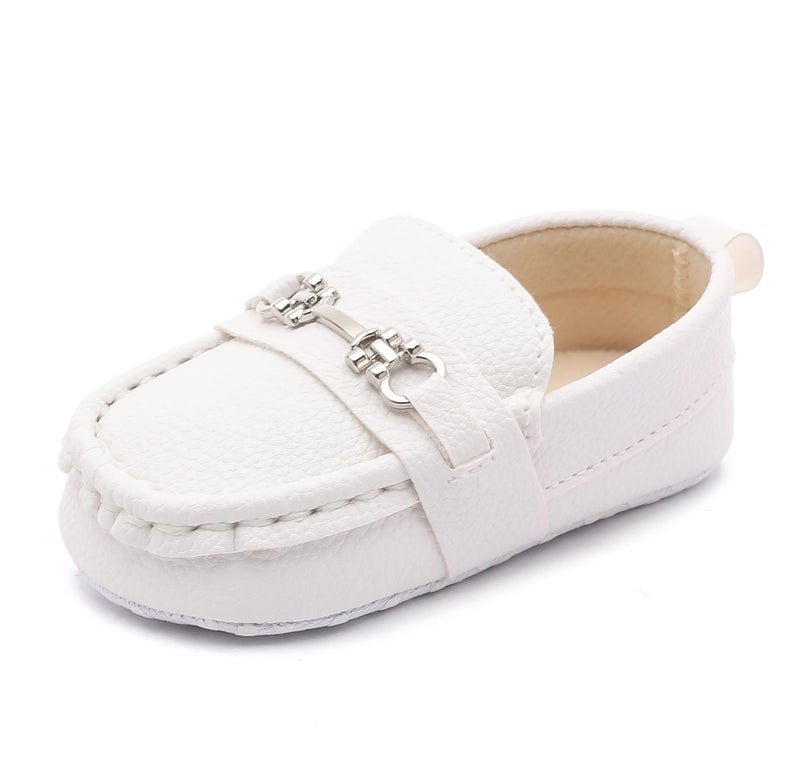 LONSOEN Infant Shoes Boys Loafers Baby Girls Crib Moccasins Classic Synthetic Leather Wedding Dress Shoes,BAY209 White 12-18 Months - Image 1