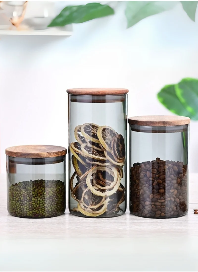 1Chase Borosilicate Glass Storage Jar Smoky Grey - (Set of 3) | Airtight Food Container with Acacia Wooden Lid | Durable & Stylish Kitchen Storage 600ML, 900ML, 1300ML