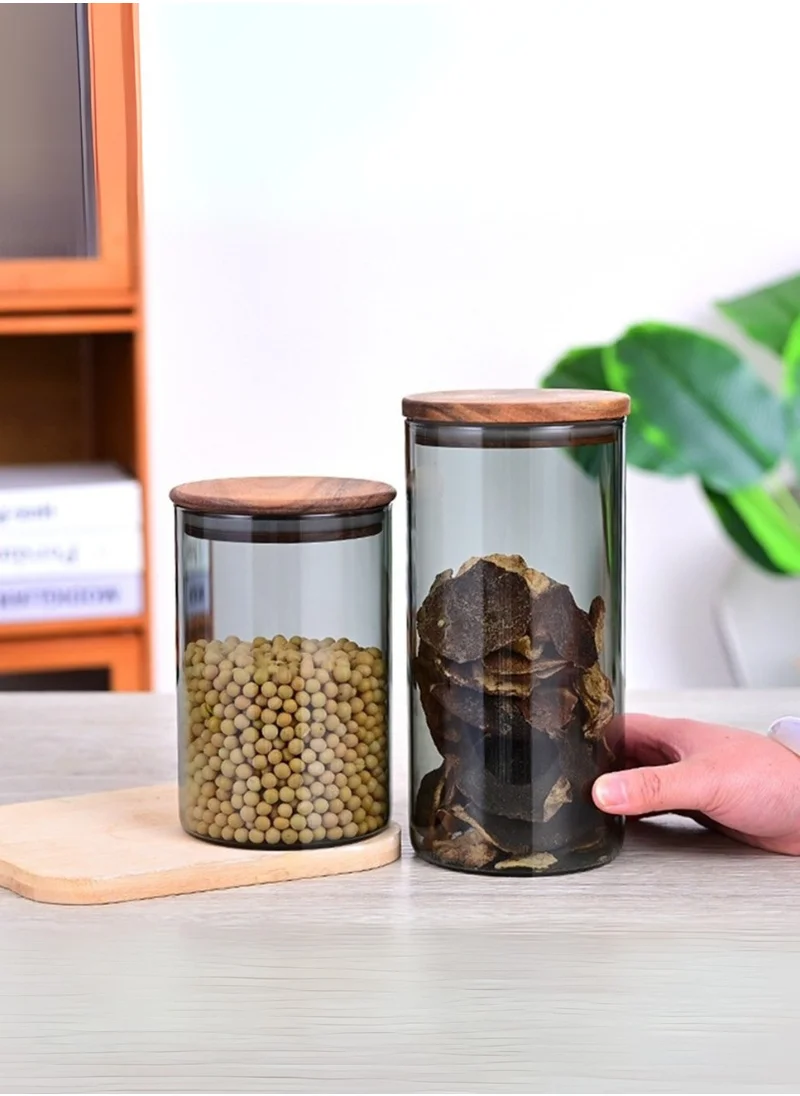 1Chase Borosilicate Glass Storage Jar Smoky Grey - (Set of 3) | Airtight Food Container with Acacia Wooden Lid | Durable & Stylish Kitchen Storage 600ML, 900ML, 1300ML