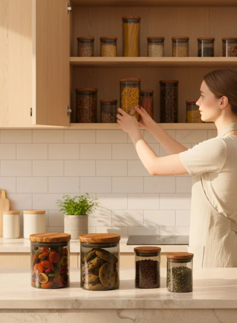 1Chase Borosilicate Glass Storage Jar Smoky Grey - (Set of 3) | Airtight Food Container with Acacia Wooden Lid | Durable & Stylish Kitchen Storage 600ML, 900ML, 1300ML
