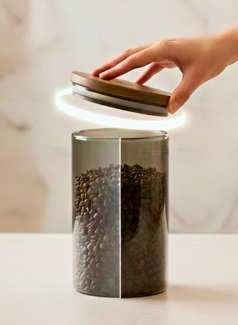 1Chase Borosilicate Glass Storage Jar Smoky Grey - (Set of 3) | Airtight Food Container with Acacia Wooden Lid | Durable & Stylish Kitchen Storage 600ML, 900ML, 1300ML