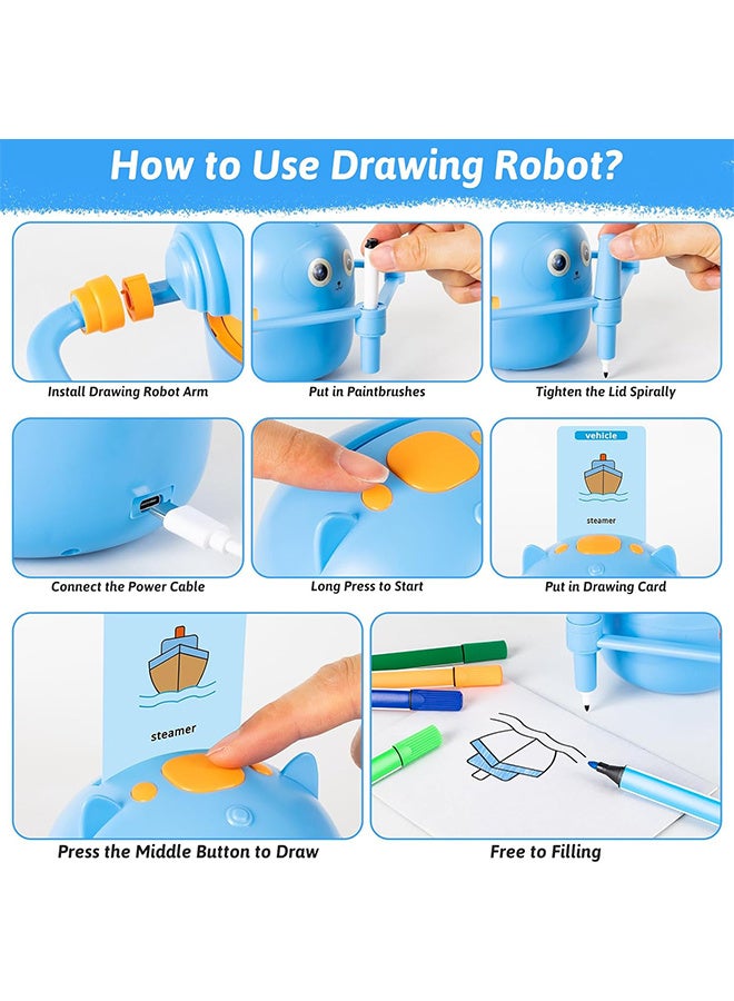 جُودِيَّة روبوت رسم للأطفال، لعبة روبوت الرسم مع 100 بطاقة كلمات و16 قلم ألوان، روبوت رسم تعليمي قابل لإعادة الشحن للبنات والأولاد من عمر 3 سنوات فما فوق - Image 5