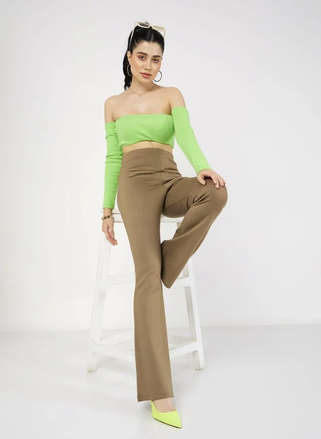 SASSAFRAS Beige Mid-Rise Slim Fit Bootcut Trousers for Women