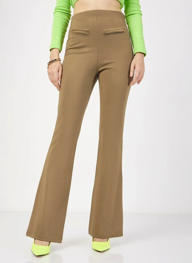 SASSAFRAS Beige Mid-Rise Slim Fit Bootcut Trousers for Women