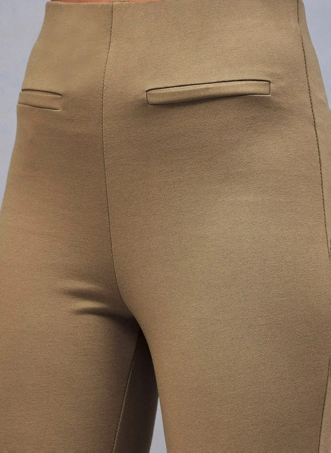 SASSAFRAS Beige Mid-Rise Slim Fit Bootcut Trousers for Women