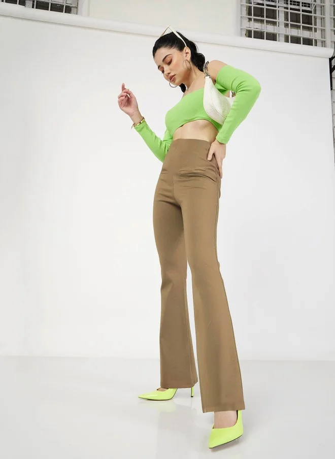 SASSAFRAS Beige Mid-Rise Slim Fit Bootcut Trousers for Women