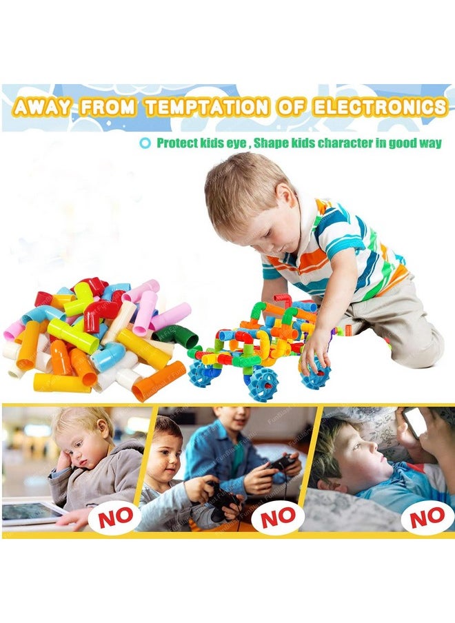 FunBlast FunBlast Pipe Building Block Toy for Kids - STEM Toys for Kids, DIY Creative Building and Construction Toys, Learning Toys for Kids, Set of 90+ Pieces Pipe Blocks and 8 Wheels - Multicolor  - Image 5