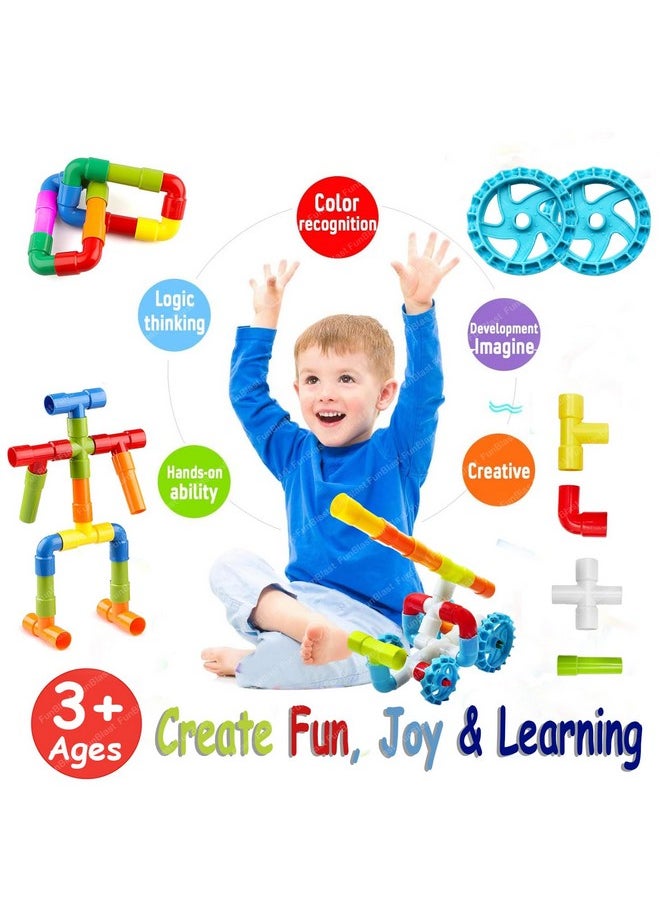 FunBlast FunBlast Pipe Building Block Toy for Kids - STEM Toys for Kids, DIY Creative Building and Construction Toys, Learning Toys for Kids, Set of 90+ Pieces Pipe Blocks and 8 Wheels - Multicolor  - Image 4