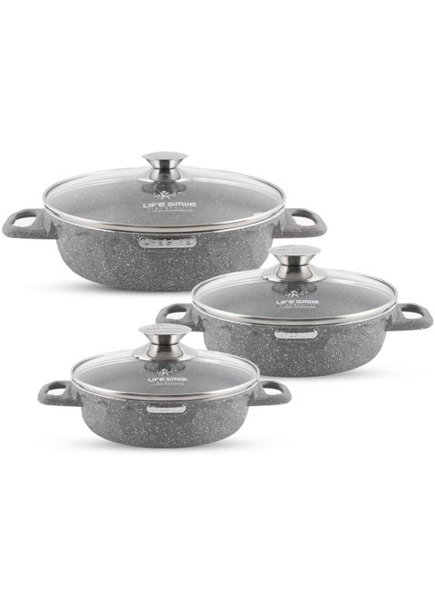 LIFE SMILE Shallow Pots Set with Lid | 100% PFOA FREE Non Stick Pots Granite Coating Cooking Pots | Oven Safe Casseroles | Double Handle (Grey (Induction Base), 16/20/24 CM)