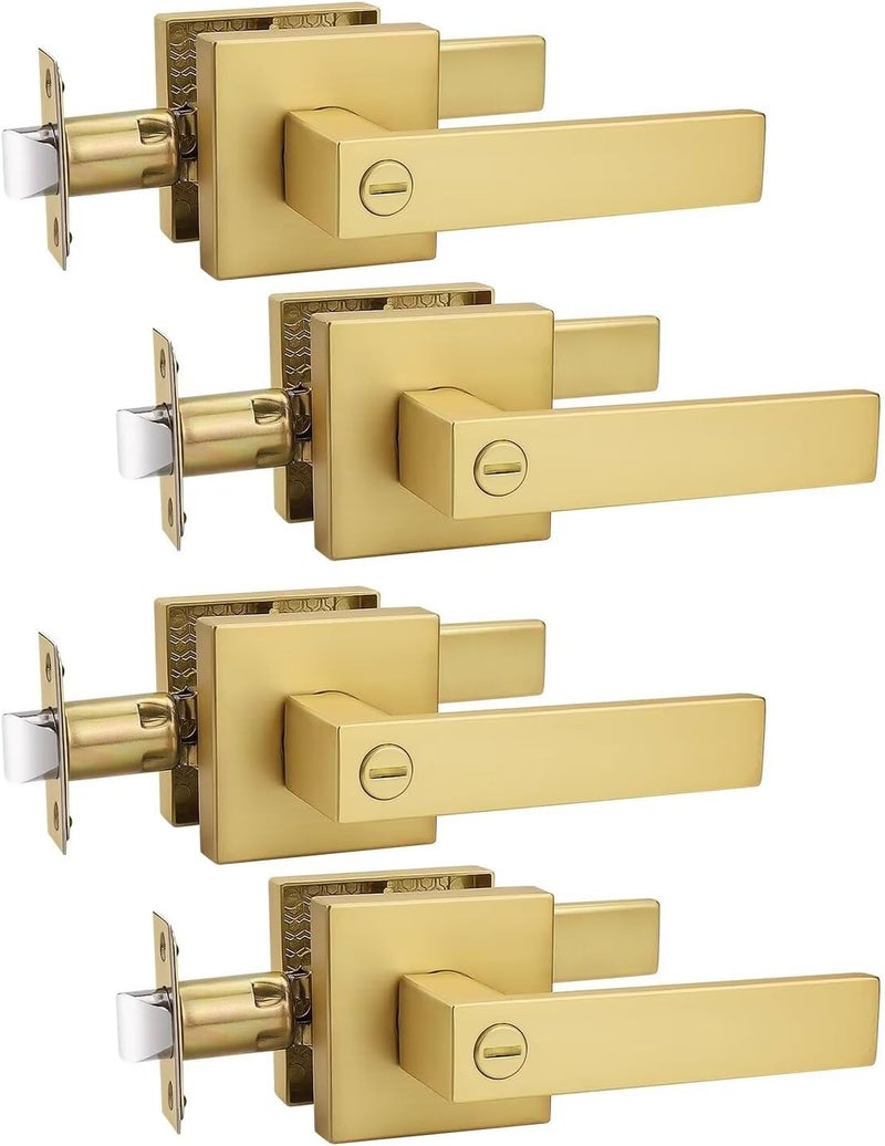 Tinewa 4 Pack Heavy Duty Gold Square Privacy Interior Door Levers, Satin Brass Finish, Bedroom and Bathroom Door Handles Keyless Bed/Bath Lockset - Image 1
