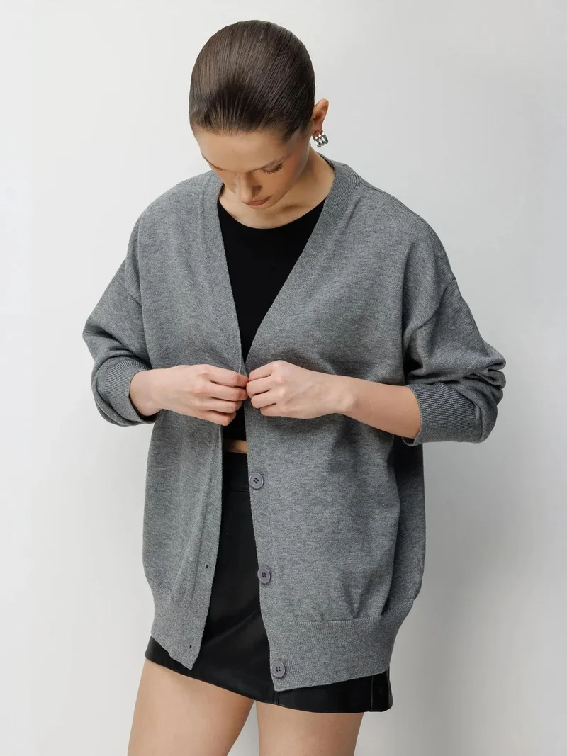 Mixray Dark Grey MIXRAY Long Ribbed Knitwear Cardigan with V-neck and Button Closure for Women | Best Price UAE