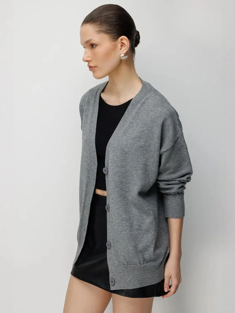 Mixray Dark Grey MIXRAY Long Ribbed Knitwear Cardigan with V-neck and Button Closure for Women | Best Price UAE