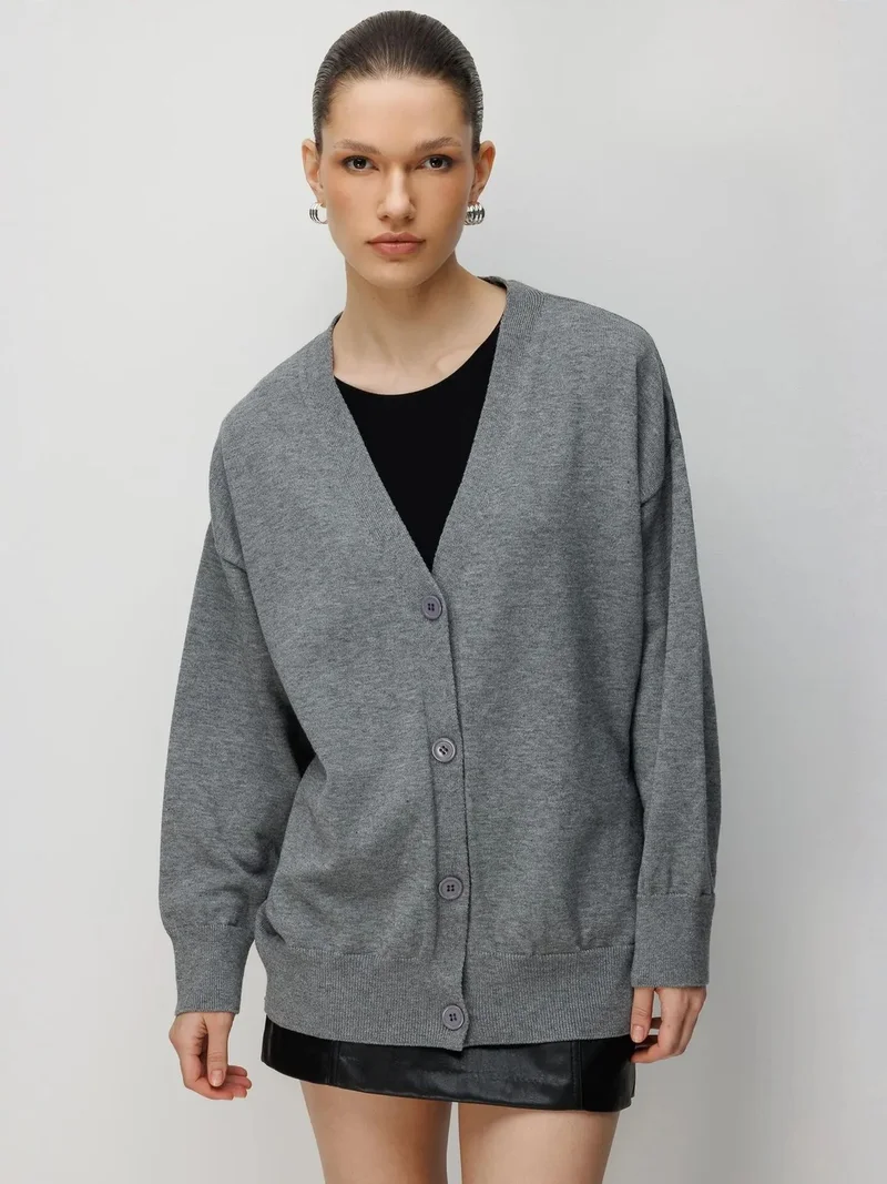 Mixray Dark Grey MIXRAY Long Ribbed Knitwear Cardigan with V-neck and Button Closure for Women | Best Price UAE