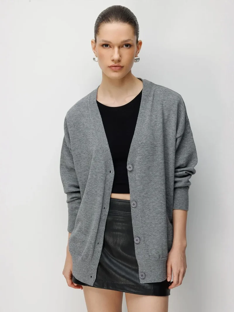 Mixray Dark Grey MIXRAY Long Ribbed Knitwear Cardigan with V-neck and Button Closure for Women | Best Price UAE