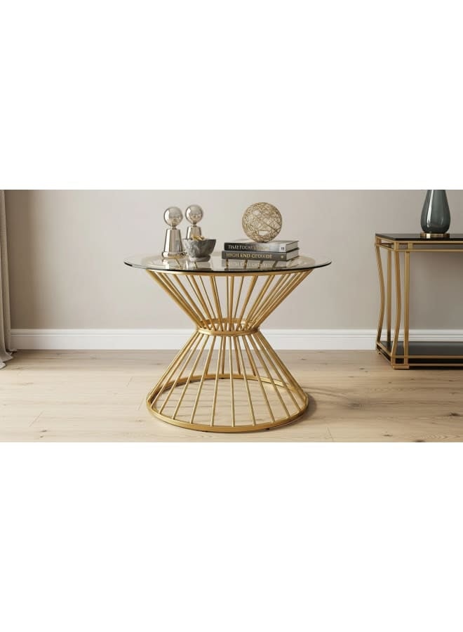 Mobellya Modern Circular Coffee Table - Glass Surface Top & Gold Wire-Frame Base. - Image 1