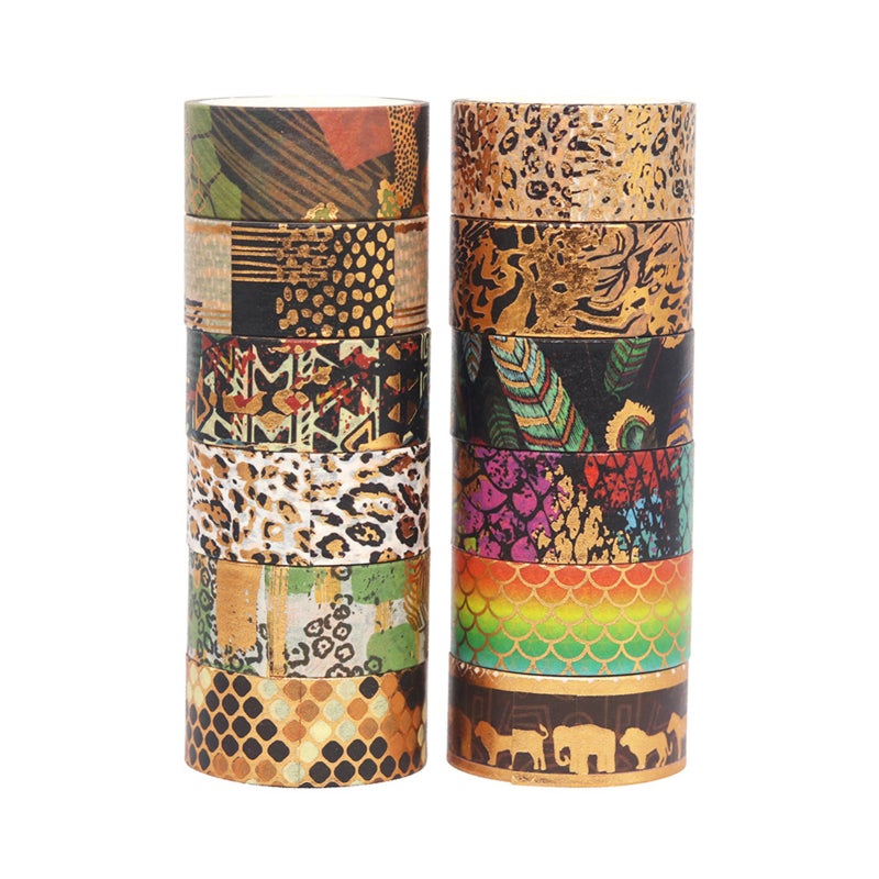 Washi Tape Set: 12 Rolls 15mm 3m Wilderness Style Gold Foil Design - Removable No Residue Bullet Journal Supplies for Diary Planner Photo Gift Decoration - Image 1