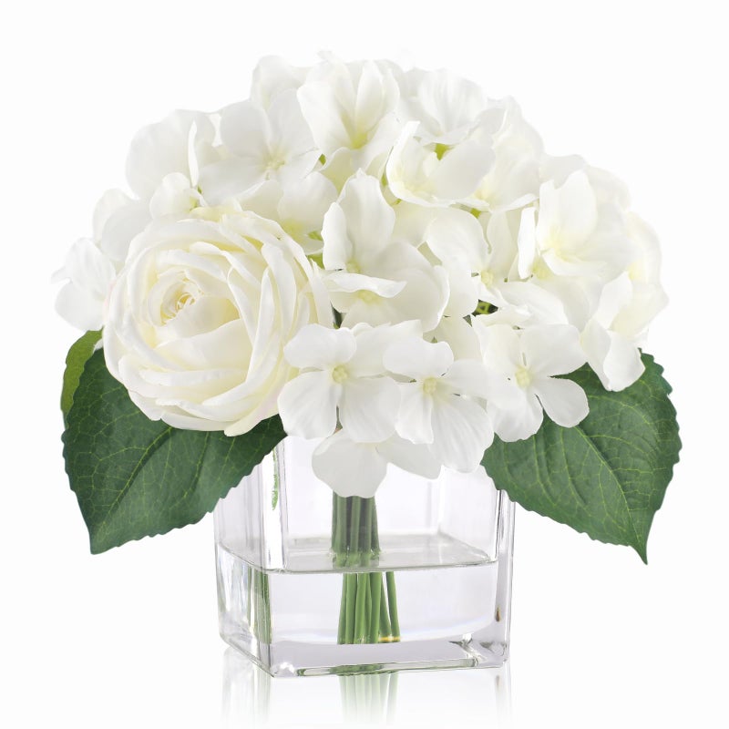 WELL KNOWN Fake Flowers in Vase White Slik Rose Hydrangea Artificial Flowers with Fake Water in Glass Vase Faux Floral Centerpiece for Home Office Dining Table Wedding Party Decor Moms Gift - Image 2