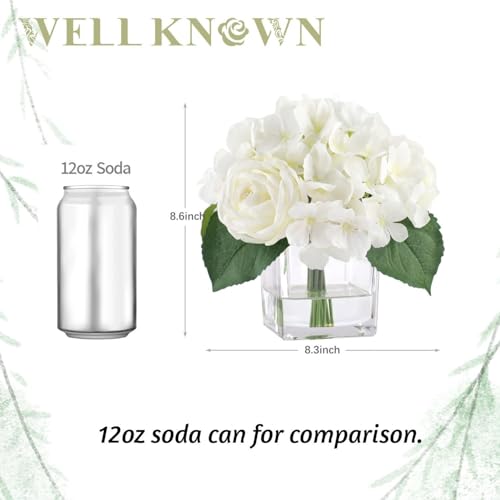 WELL KNOWN Fake Flowers in Vase White Slik Rose Hydrangea Artificial Flowers with Fake Water in Glass Vase Faux Floral Centerpiece for Home Office Dining Table Wedding Party Decor Moms Gift - Image 3