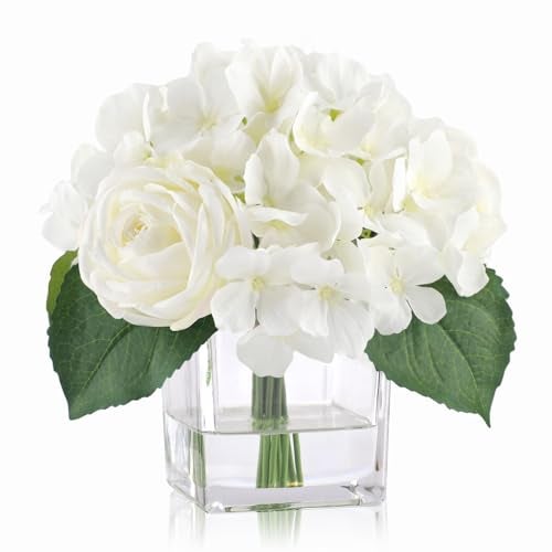 WELL KNOWN Fake Flowers in Vase White Slik Rose Hydrangea Artificial Flowers with Fake Water in Glass Vase Faux Floral Centerpiece for Home Office Dining Table Wedding Party Decor Moms Gift - Image 1