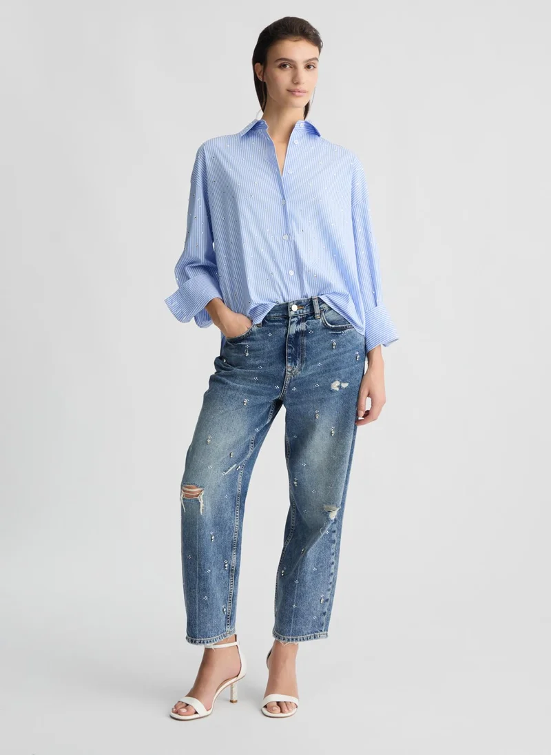 Liu Jo Light blue poplin shirt with rhinestones