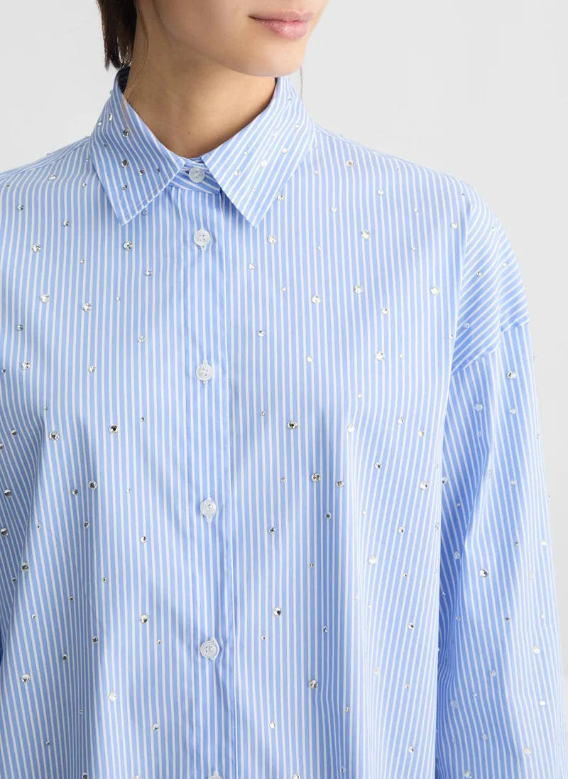 Liu Jo Light blue poplin shirt with rhinestones