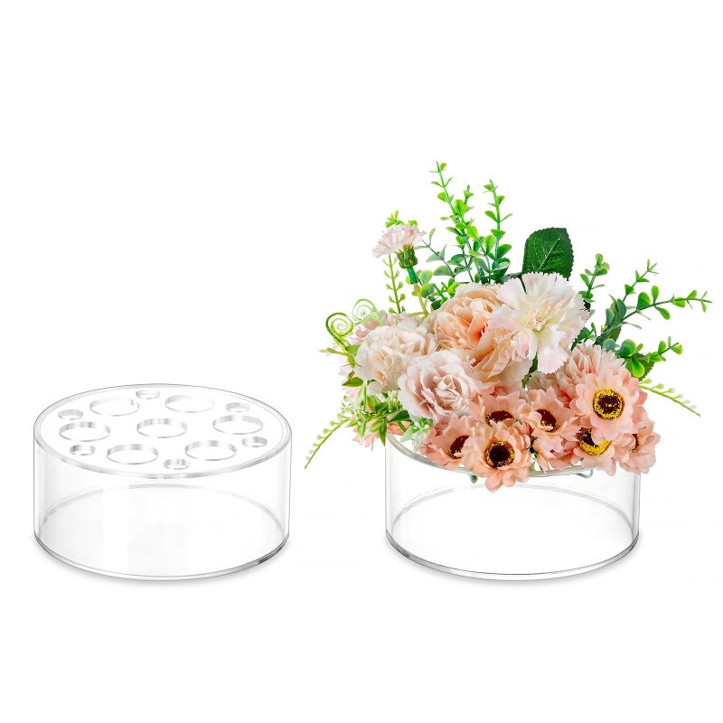 Acrylic Flower Vases for Centerpieces Round  Hewory 6 Large Clear Floral Vase with 13 Holes 2pcs Short Box Arranger Bulk Low Base Holder for Wedding Birthday Party Events Home Dining Table Decor