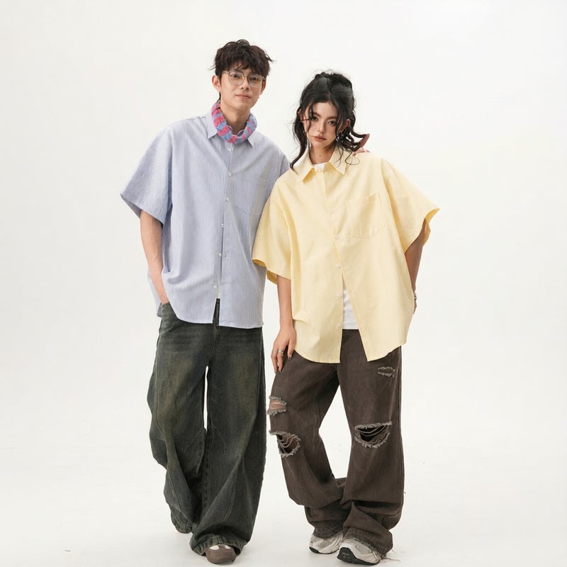 Men's Striped Cuban Collar Short Sleeve Casual Shirt with Smiley Embroidery - Image 5
