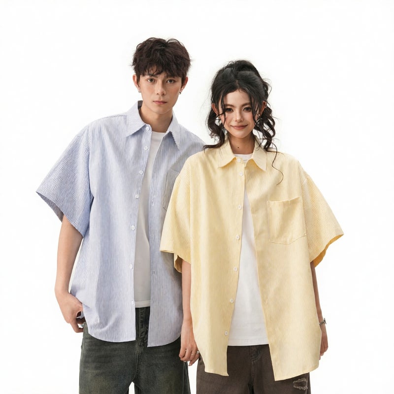 Men's Striped Cuban Collar Short Sleeve Casual Shirt with Smiley Embroidery - Image 2