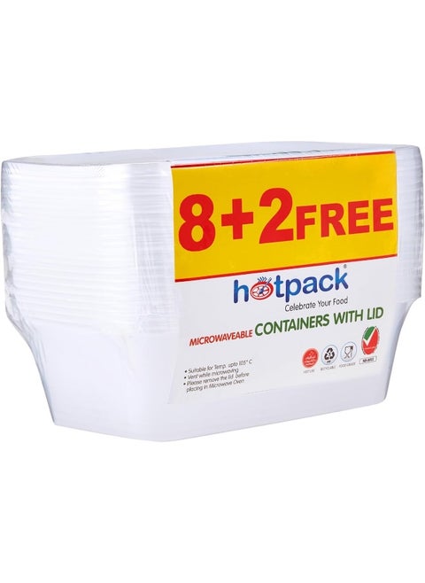 Hotpack Disposable Lunch Box, Food Storage, Microwavable Container 750ml with Lid, 8+2 Free Offer Pack