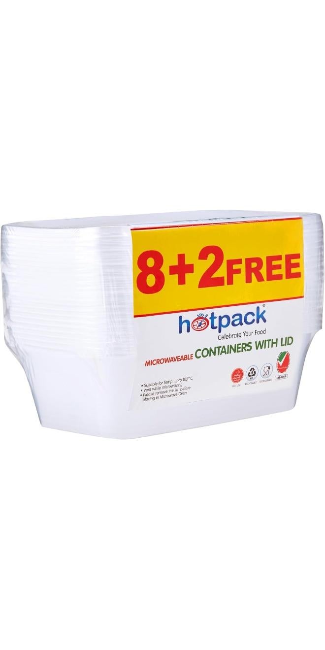Hotpack Disposable Lunch Box, Food Storage, Microwavable Container 750ml with Lid, 8+2 Free Offer Pack - Image 1