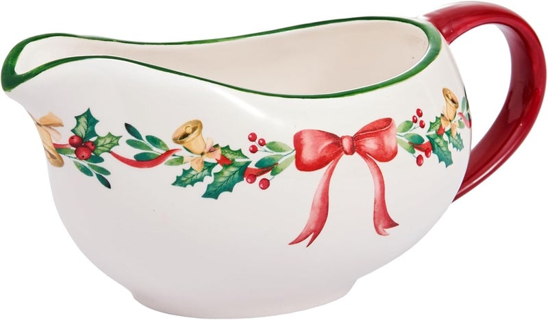 Bico Ribbon Christmas 14oz Gravy Boat with Large Handle, Ceramic Sauce Boat for Creamer, Salad Dressings, Broth, Black Pepper Sauce - Image 1