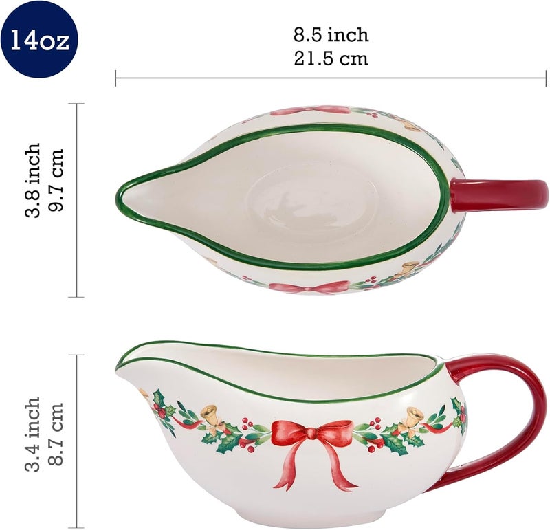Bico Ribbon Christmas 14oz Gravy Boat with Large Handle, Ceramic Sauce Boat for Creamer, Salad Dressings, Broth, Black Pepper Sauce - Image 2