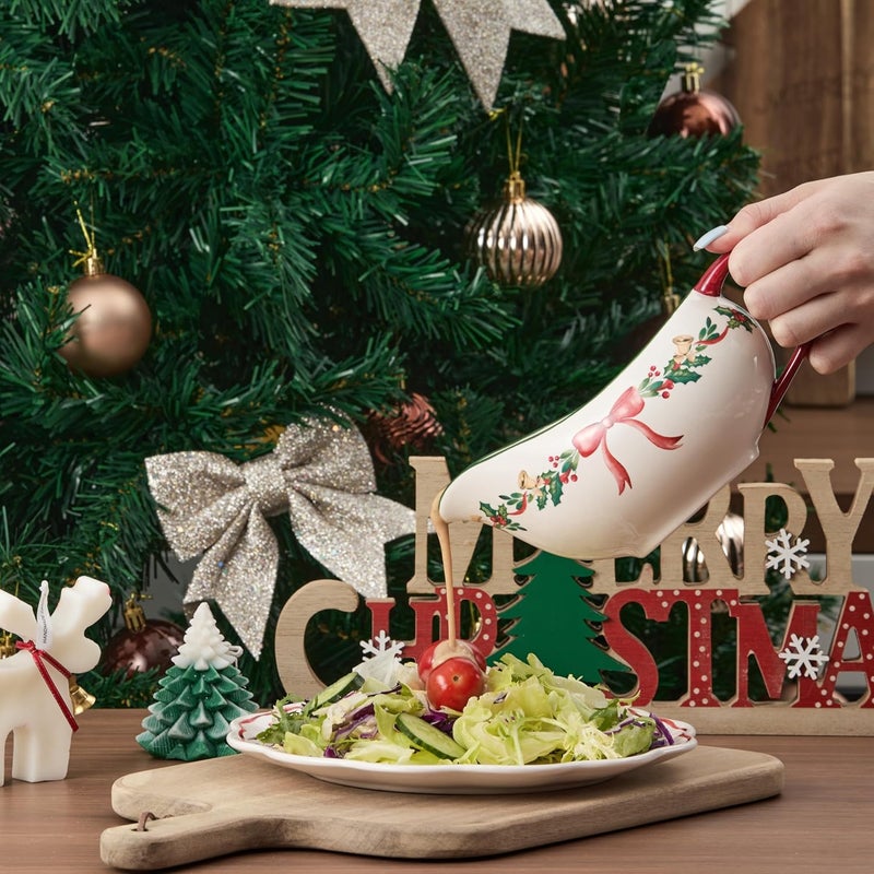 Bico Ribbon Christmas 14oz Gravy Boat with Large Handle, Ceramic Sauce Boat for Creamer, Salad Dressings, Broth, Black Pepper Sauce - Image 5