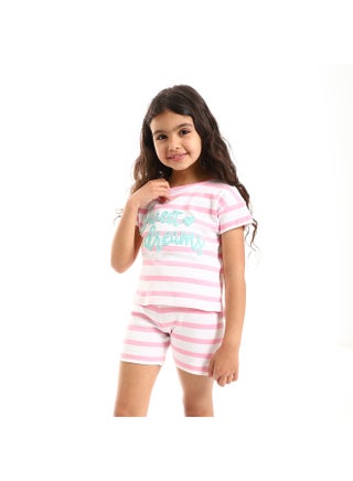 Sweet Dreams Stitched & Stripped Pattern Round Collar Girls Pyjama Set