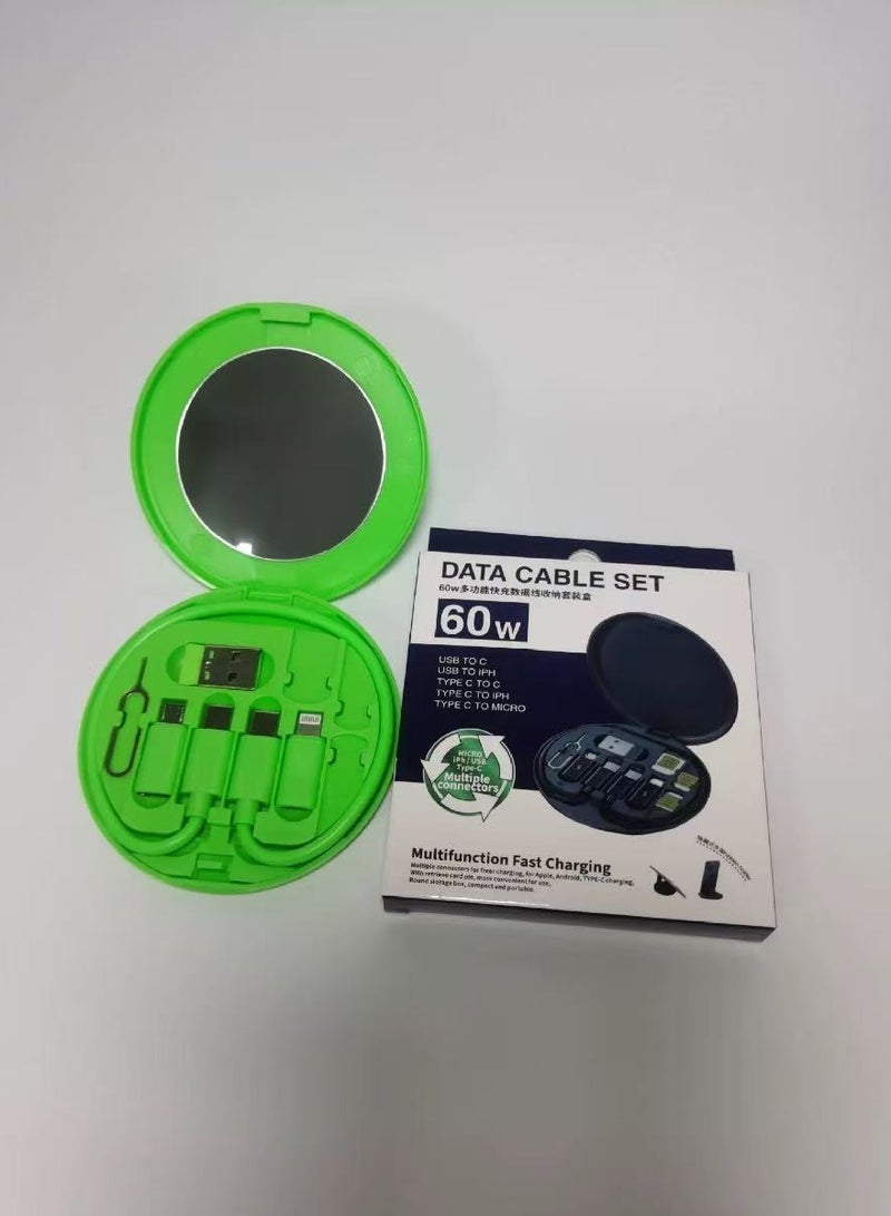 5 in 1 Multi-function USB Charging Adapter Kit, USB C Conversion Kit USB A and Type C, Data Transfer, Card Storage, Tray Eject Pin, Phone Holder. (Built-in Mirror, Green)