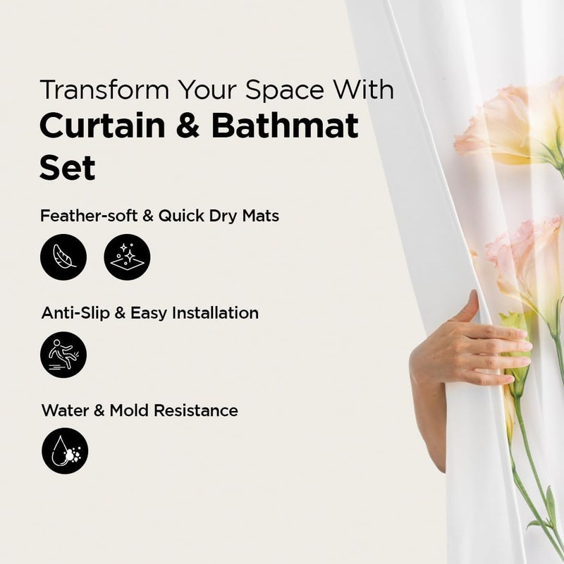 Kuber Industries Kuber Industries Shower Curtain & Bathmat Set | Non-Slip Bath mats for Bathroom | Easy-Slide Curtains | Polyester Curtain or Bathmat for Bath D�cor | XTL260-3T | 3 Pcs Set | Multicolor  - Image 2
