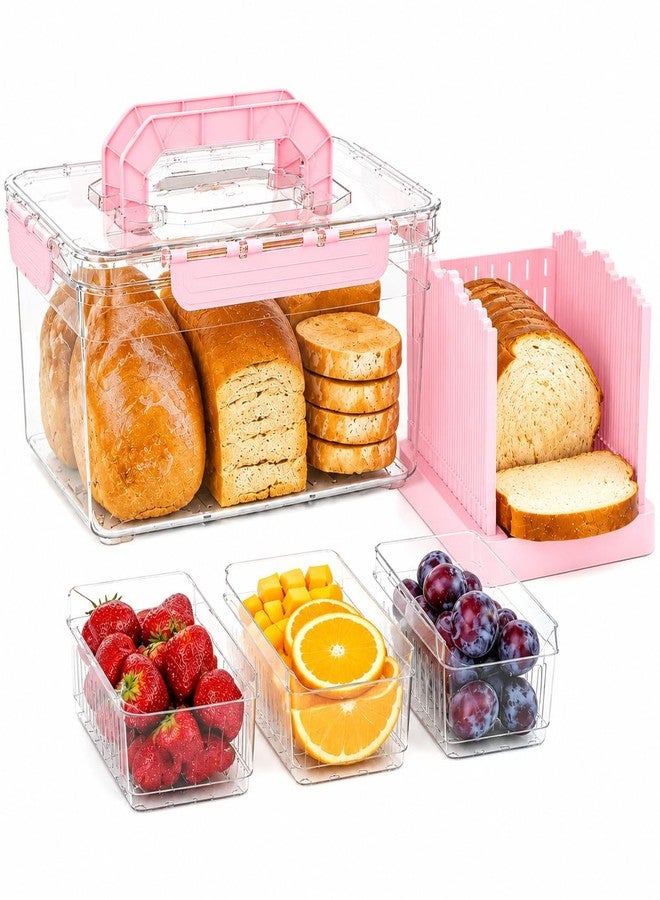 LLMRR Bread Box with Slicer & Ice Chilled Condiment Caddy, Portable Airtight Bread Storage Container with Lid Handle for Kitchen Counter, Bread Keeper for Homemade Bread,Toast, Bagel, Cookies, Pink - Image 1