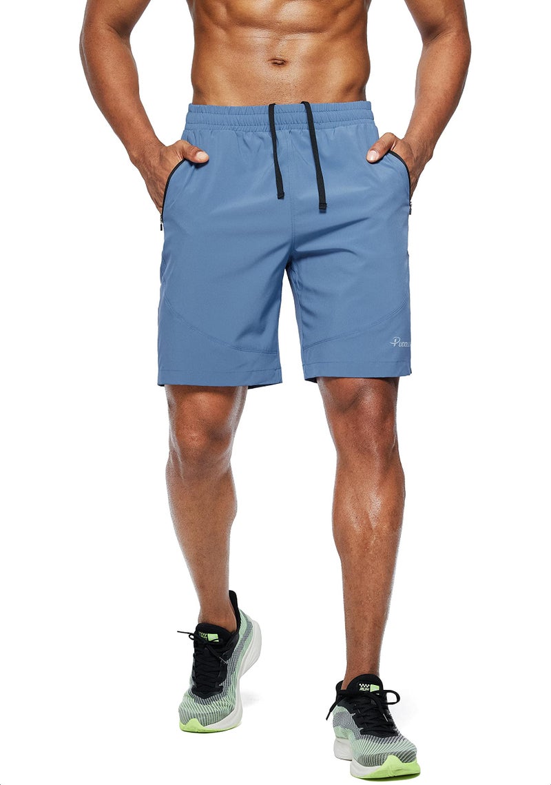 Pudolla Men's Workout Running Shorts Lightweight Gym Athletic Shorts for Men with Zipper Pockets (Blue Large) - Image 2