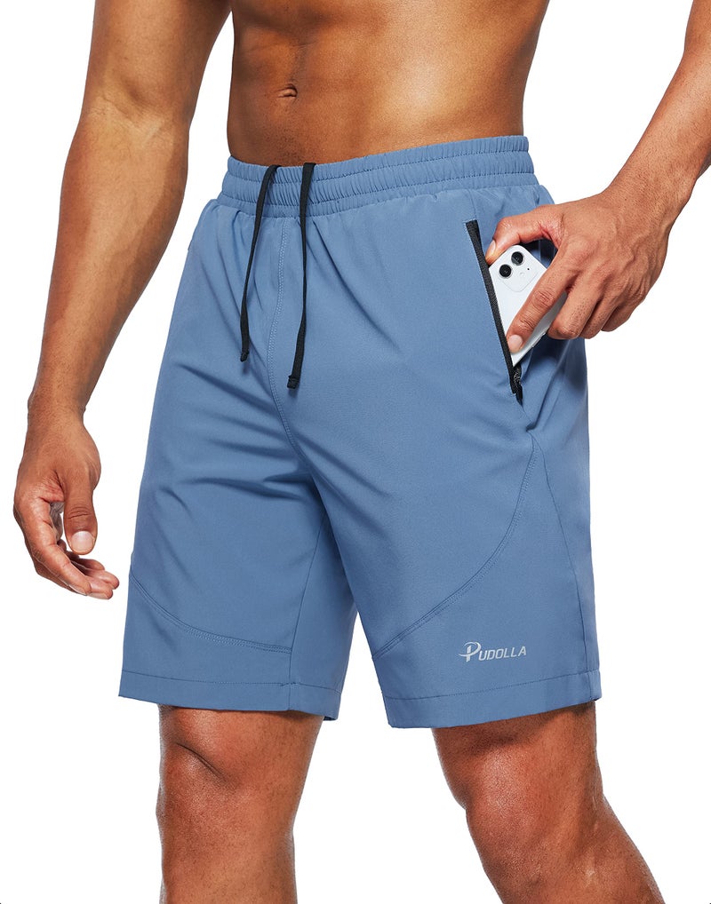 Pudolla Men's Workout Running Shorts Lightweight Gym Athletic Shorts for Men with Zipper Pockets (Blue Large) - Image 1