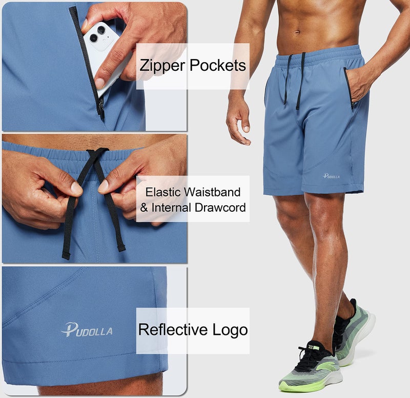 Pudolla Men's Workout Running Shorts Lightweight Gym Athletic Shorts for Men with Zipper Pockets (Blue Large) - Image 4
